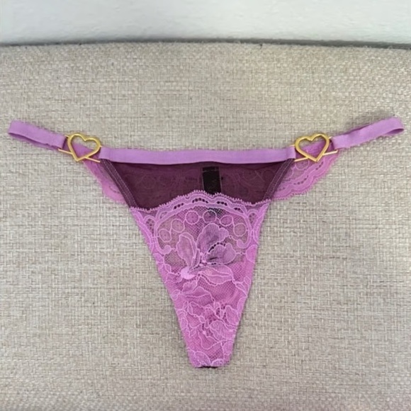 Victoria's Secret Other - Victorias Secret Valentines Gold Hearts Rhinestones Hardware Purple Thong XS